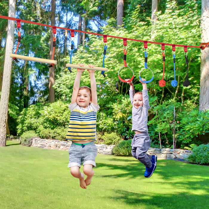 Parcours d'obstacles ninja enfant - 30 accessoires, 10 m de slackline - sac de transport - bleu rouge