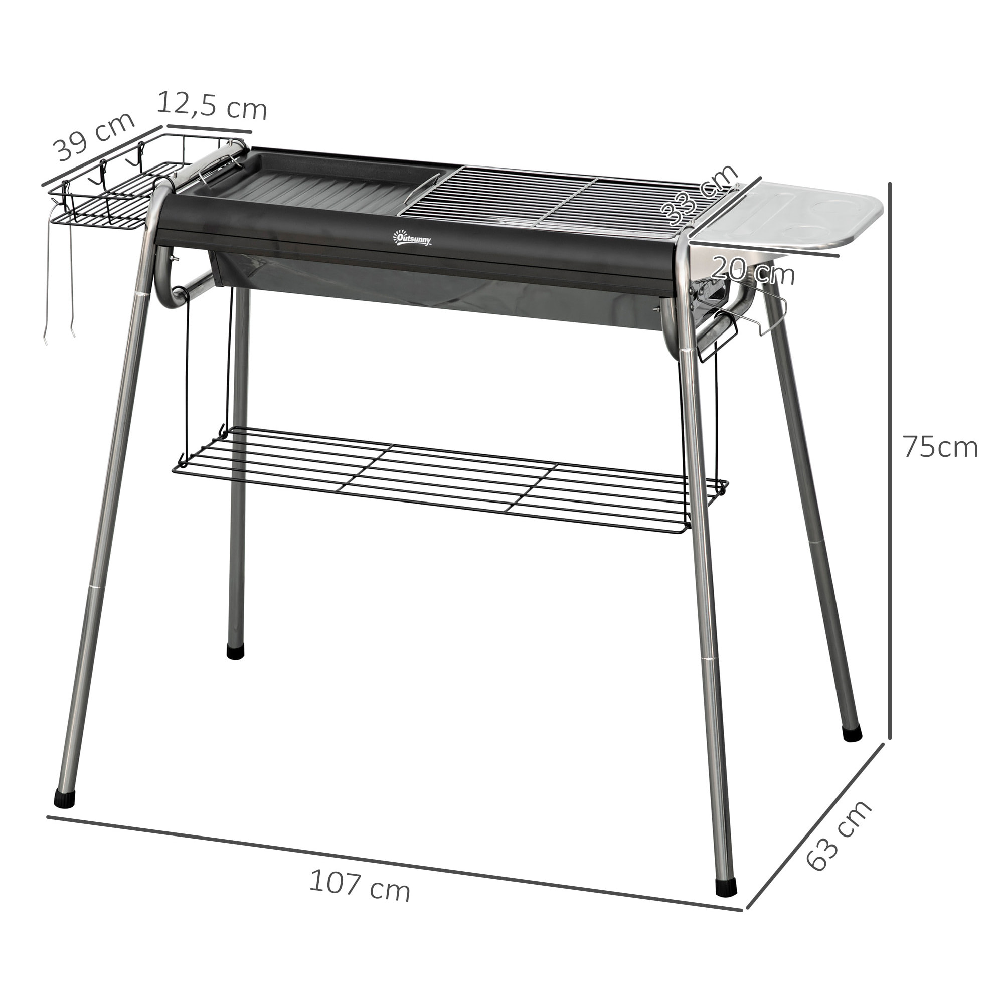 Barbacoa de Carbón Barbacoa Portátil con Parrilla de Acero Inoxidable Bandeja Especiero y Estante de Almacenamiento para Jardín Camping 107x63x75 cm Negro