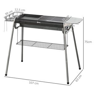 Barbacoa de Carbón Barbacoa Portátil con Parrilla de Acero Inoxidable Bandeja Especiero y Estante de Almacenamiento para Jardín Camping 107x63x75 cm Negro