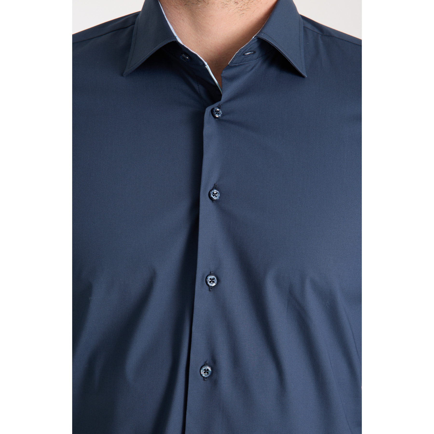 Camicia Uomo 1 Bottone Francese Slim Popeline Stretch Unito Blu