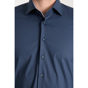 Camicia Uomo 1 Bottone Francese Slim Popeline Stretch Unito Blu