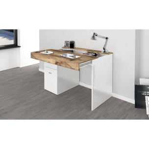 Scrivania per ufficio con cassettiera e piano contenitore, Made in Italy, Tavolo da computer, Scrittoio porta PC, cm 100x60h75, colore Bianco lucido e Acero