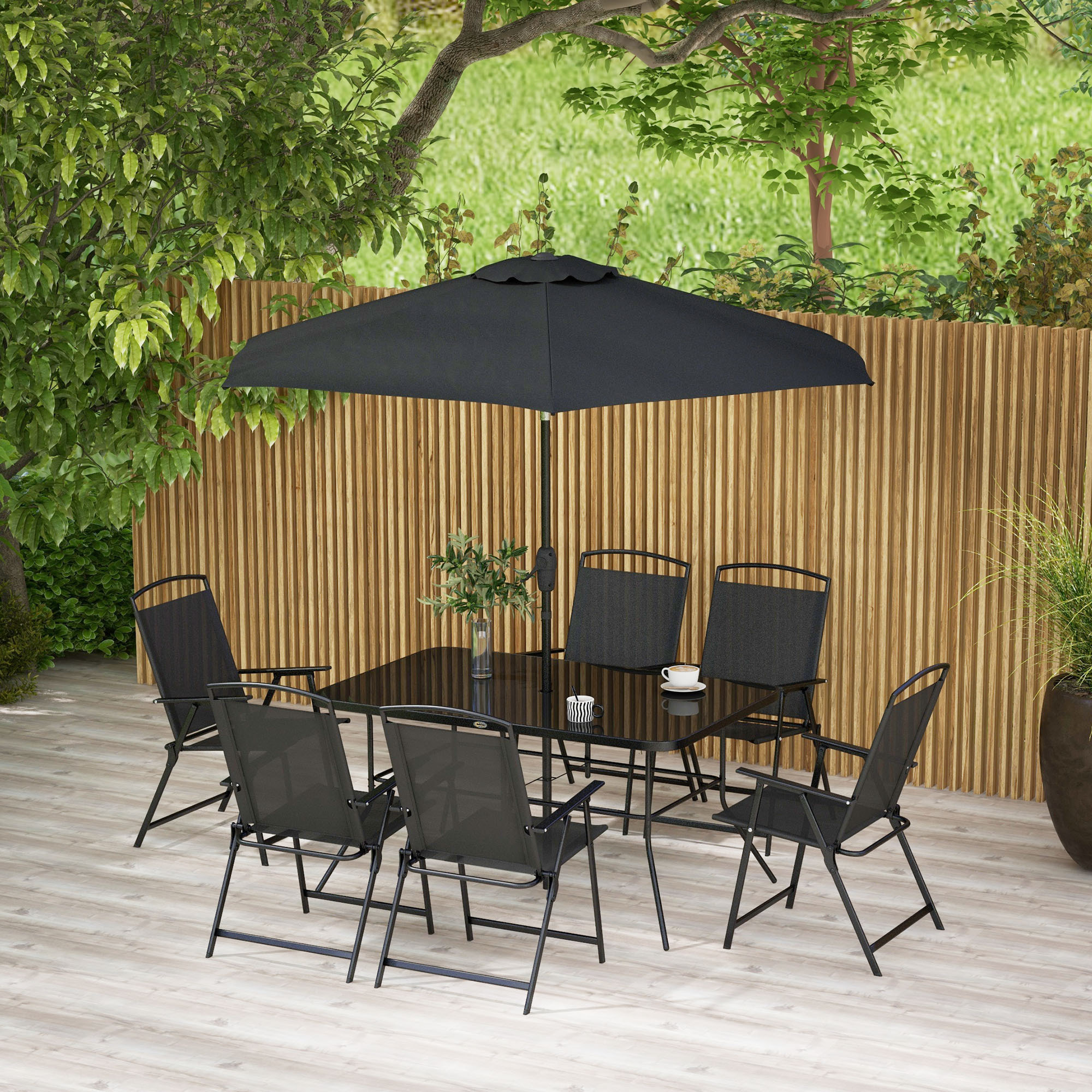 Conjunto de Muebles de Jardín 8 Piezas Juego de Comedor de Jardín con 6 Sillas Plegables Mesa de Comedor de Vidrio y Sombrilla Inclinable para Terraza Patio Negro