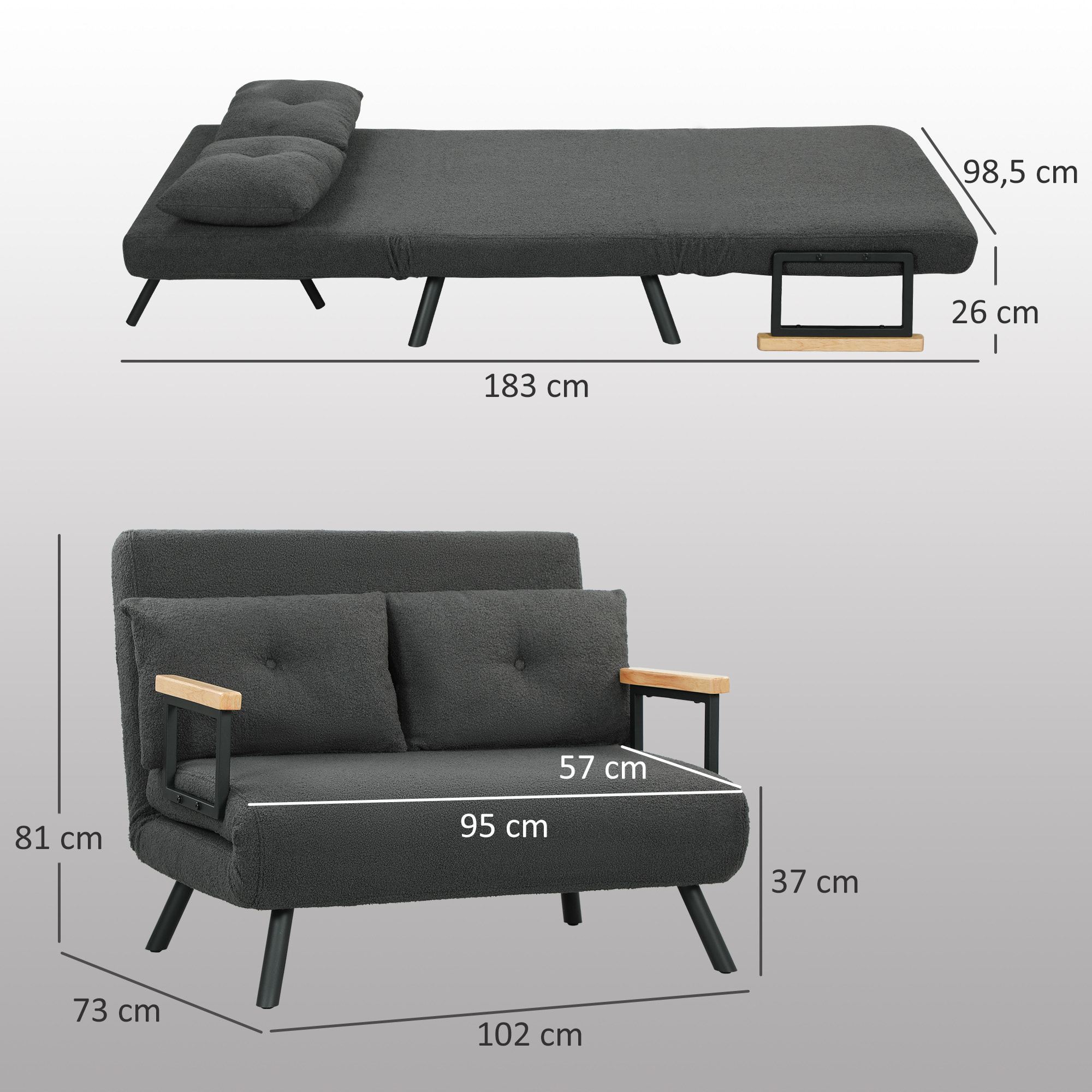 Sofá Cama de 2 Plazas 4 en 1 Sofá Cama Plegable Tapizado en Borreguito con Respaldo Ajustable de 5 Niveles y Almohadas Acolchadas para Oficina Dormitorio Salón 102x73x81 cm Gris Oscuro