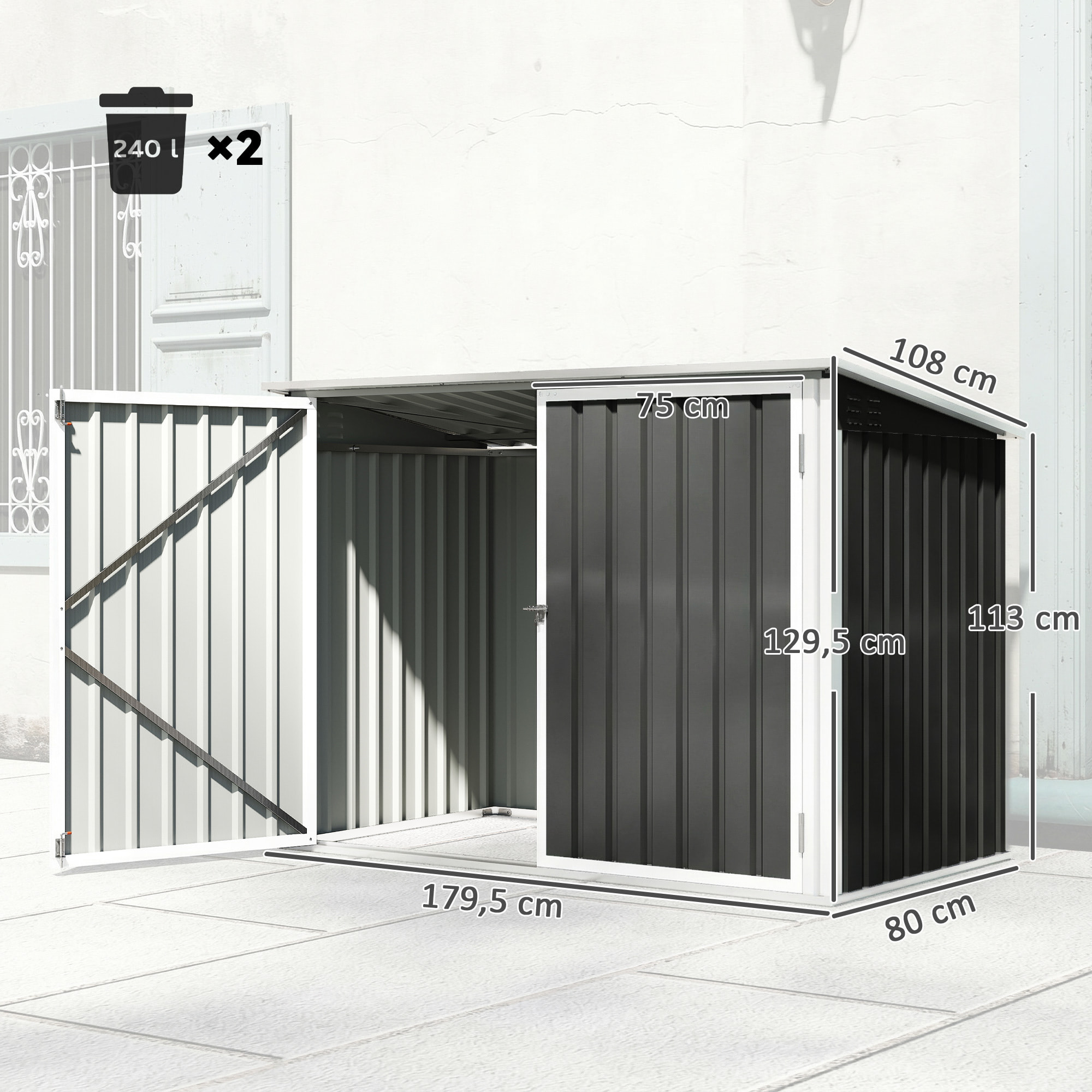 Cobertizo para Contenedor de Basura Doble, Caseta para Cubo de Basura de Acero Galvanizado con Tapa Abatible y Puertas Doble, para Jardín, Exterior, 179,5x108x129,5 cm, Gris Oscuro