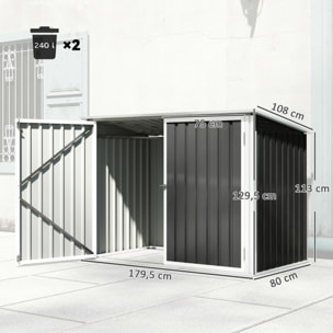 Cobertizo para Contenedor de Basura Doble, Caseta para Cubo de Basura de Acero Galvanizado con Tapa Abatible y Puertas Doble, para Jardín, Exterior, 179,5x108x129,5 cm, Gris Oscuro