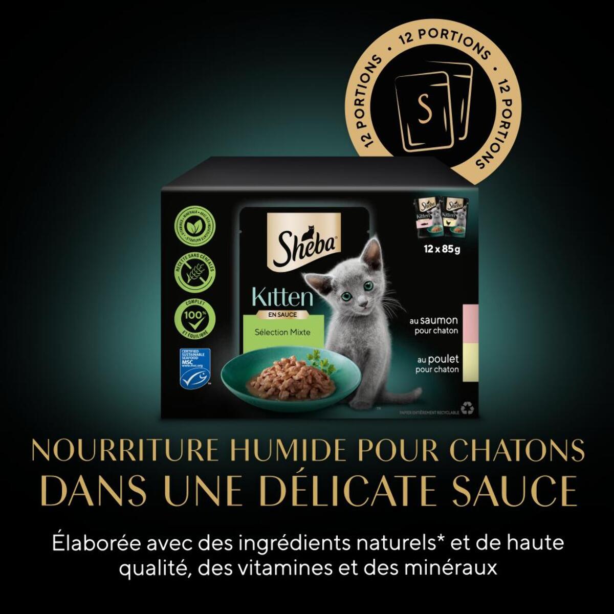 SHEBA Kitten 48 sachets fraîcheur en sauce poulet saumon pour chaton 85g (4x12)