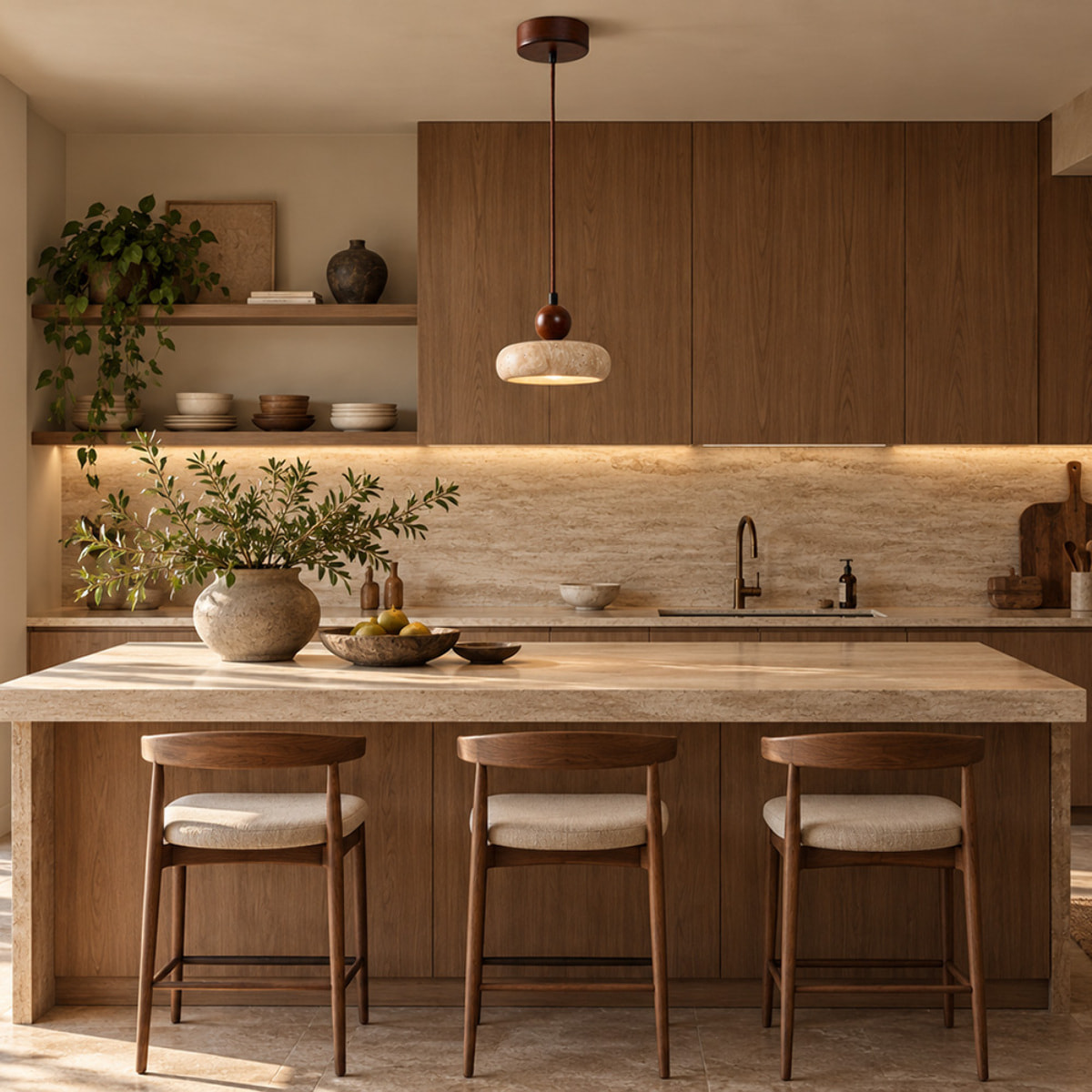 Suspension design ronde en travertin et bois effet noyer TIVOLI