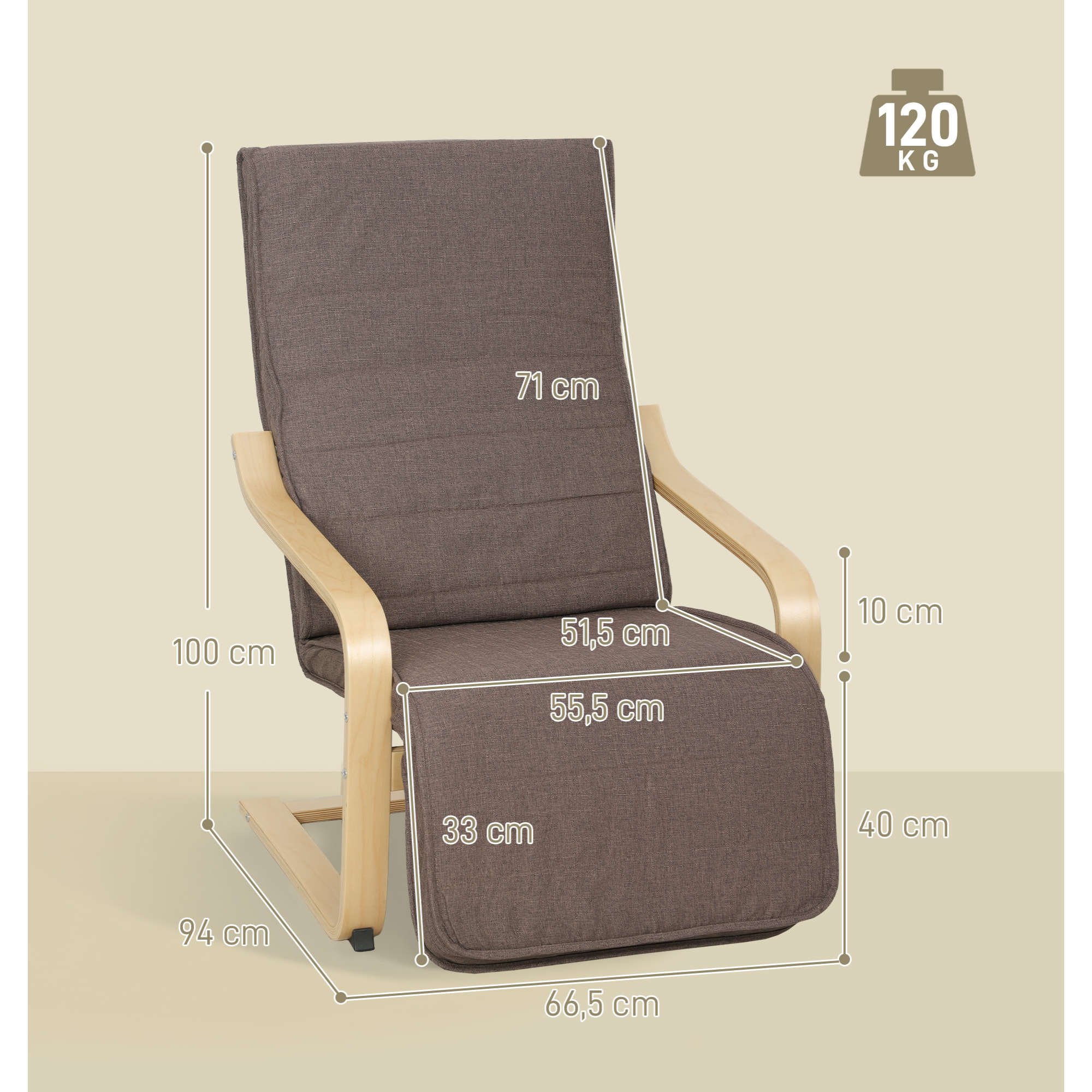 Sillón de Salón con Reposapiés Ajustable, Butaca de Salón Tapizada en Lino Sintético con Marco de Madera, Sillón de Relax para Dormitorio, Oficina, Estudio, 66,5x94x100 cm, Marrón