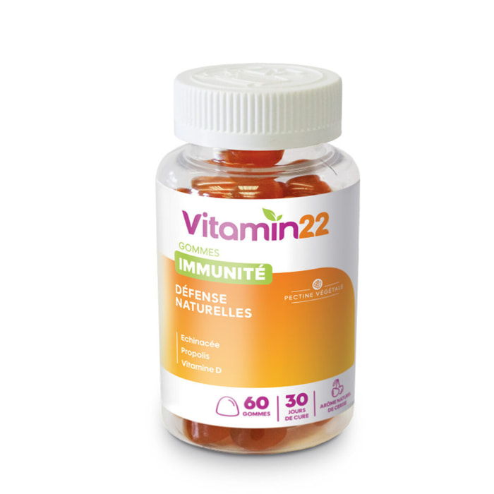 VITAMIN'22 - Gommes immunité - à Base de Vitamine D, Propolis et Échinacée - Booste les défenses immunitaires - Au délicieux goût de cerise - 60 gommes