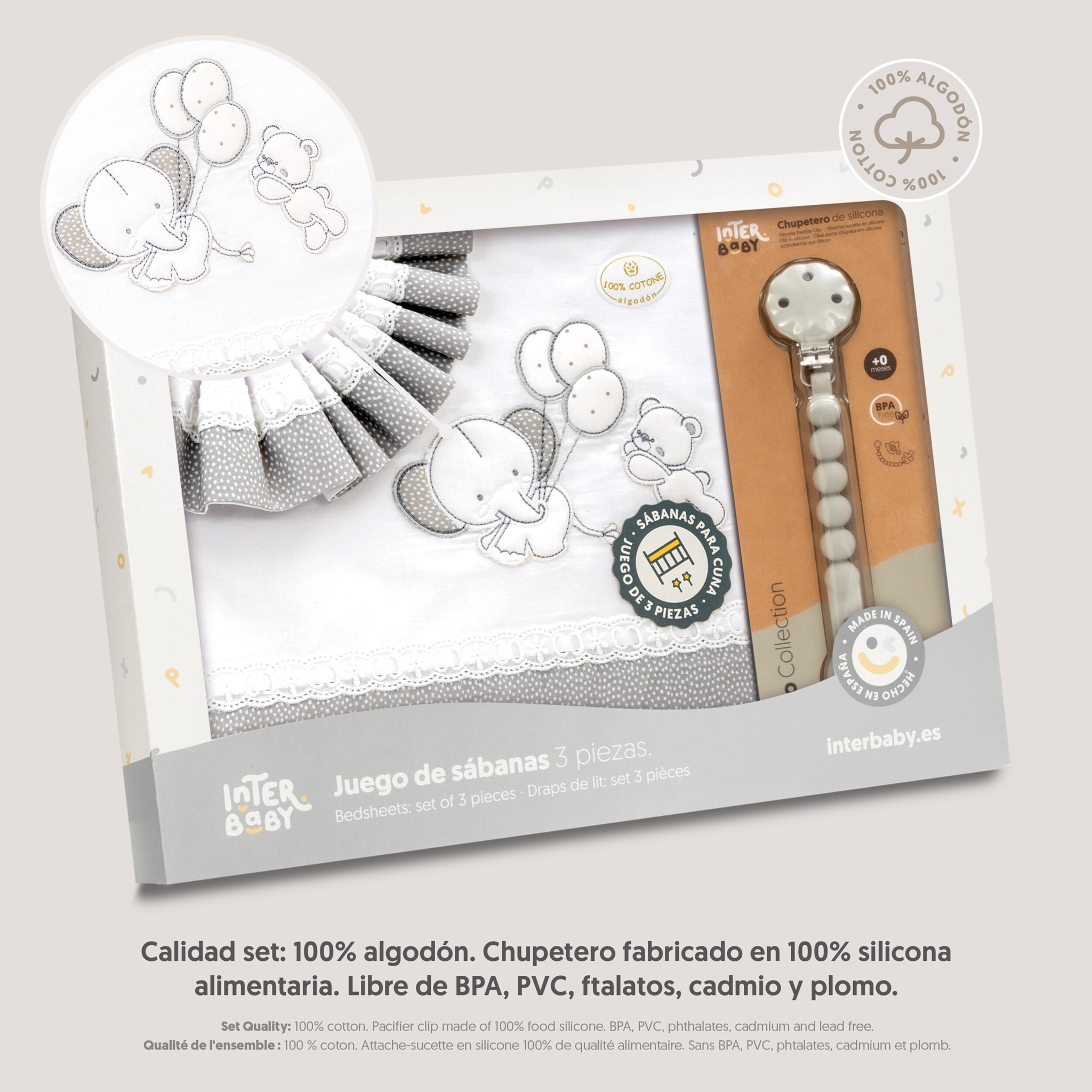 Triptico Cuna Pasacinta Oso Elefante Globos +Broche Bco/Gris