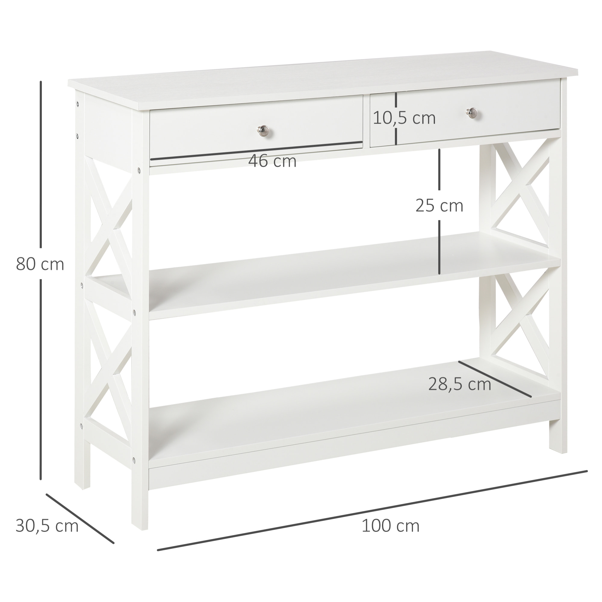 Console style table de drapier néo-rétro 2 tiroirs 2 étagères dim. 100L x 30l x 80H cm MDF blanc