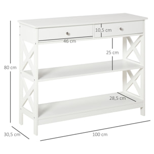 Console style table de drapier néo-rétro 2 tiroirs 2 étagères dim. 100L x 30l x 80H cm MDF blanc