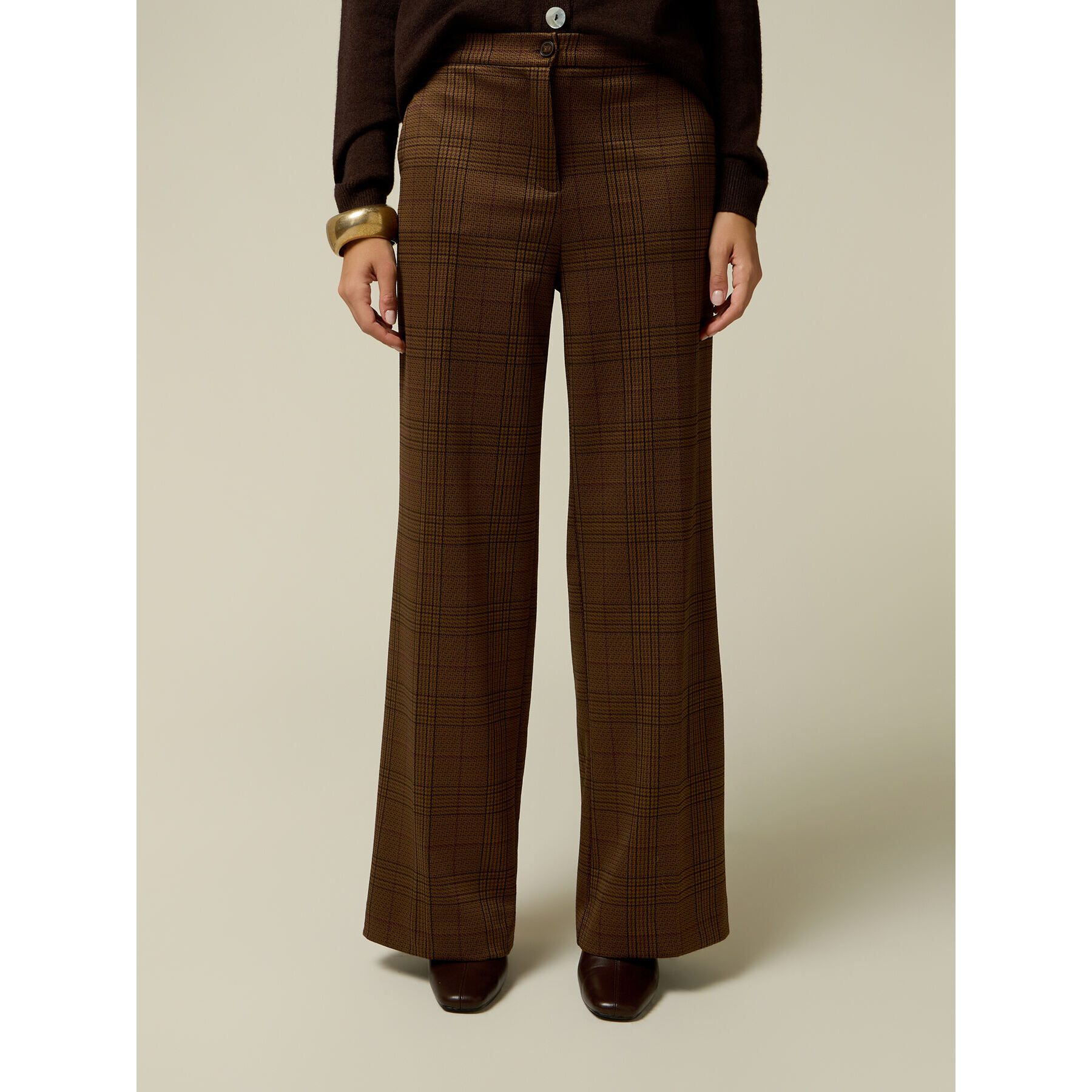 Oltre - Pantaloni palazzo in punto milano check - Marrone