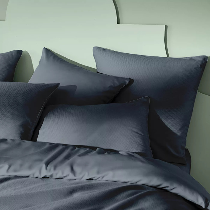 Taie d'oreiller satin de coton motif jacquard bleu Vibrato bleu nuit