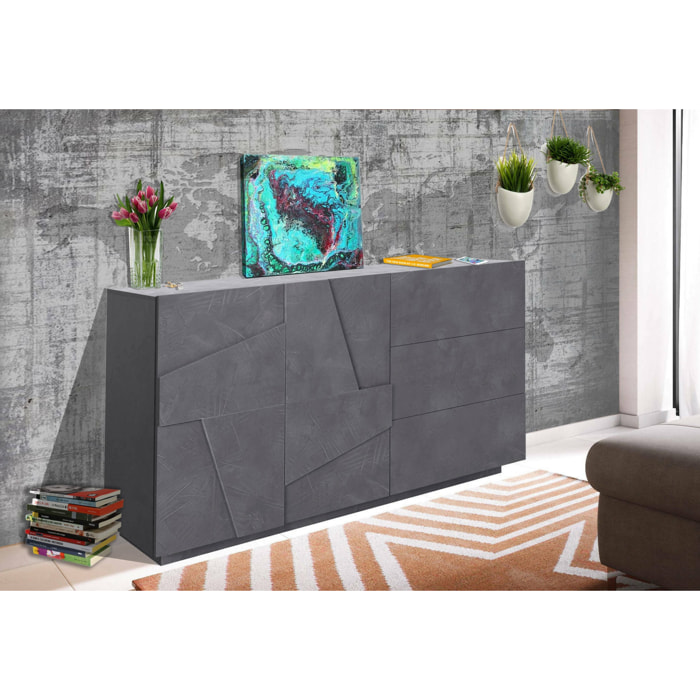 Credenza moderna a 2 ante e 3 cassetti, Made in Italy, Madia da cucina con dettaglio, Buffet di design da soggiorno, cm 143x44h86, colore Grigio Cenere