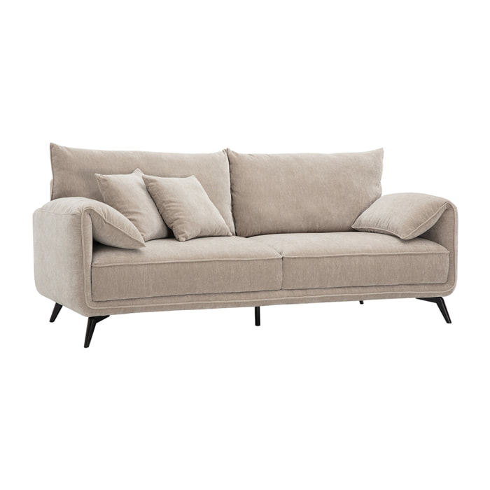 Canapé design 3 places en tissu effet velours taupe et métal noir TANTOR