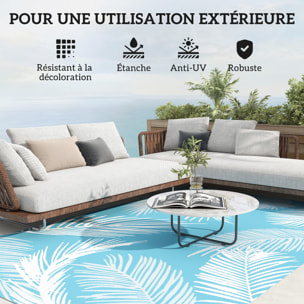 Tapis d'extérieur réversible 274x182 cm motif végétal bleu clair blanc
