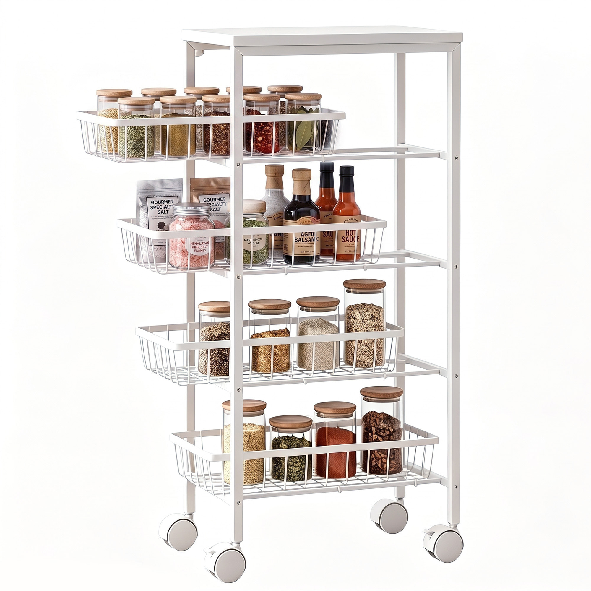 Carrito Auxiliar con Ruedas, Carrito de Cocina con 4 Cestas Extraíbles, Carga 15 kg, Marco Metálico, para Comedor, Sala de Estar, Baño, 40x24x82 cm, Blanco