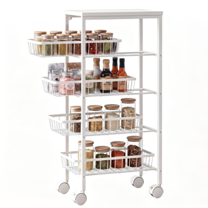 Carrito Auxiliar con Ruedas, Carrito de Cocina con 4 Cestas Extraíbles, Carga 15 kg, Marco Metálico, para Comedor, Sala de Estar, Baño, 40x24x82 cm, Blanco