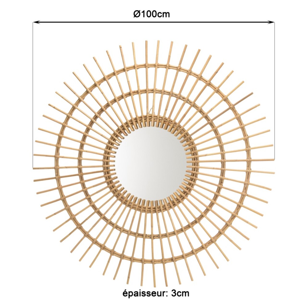 KALLY - Miroir rond 100cm modèle soleil en rotin couleur brun miel