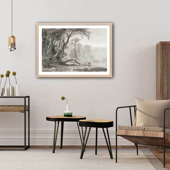 Affiche gravure les bords du fleuve Affiche + cadre en bois - Chêne