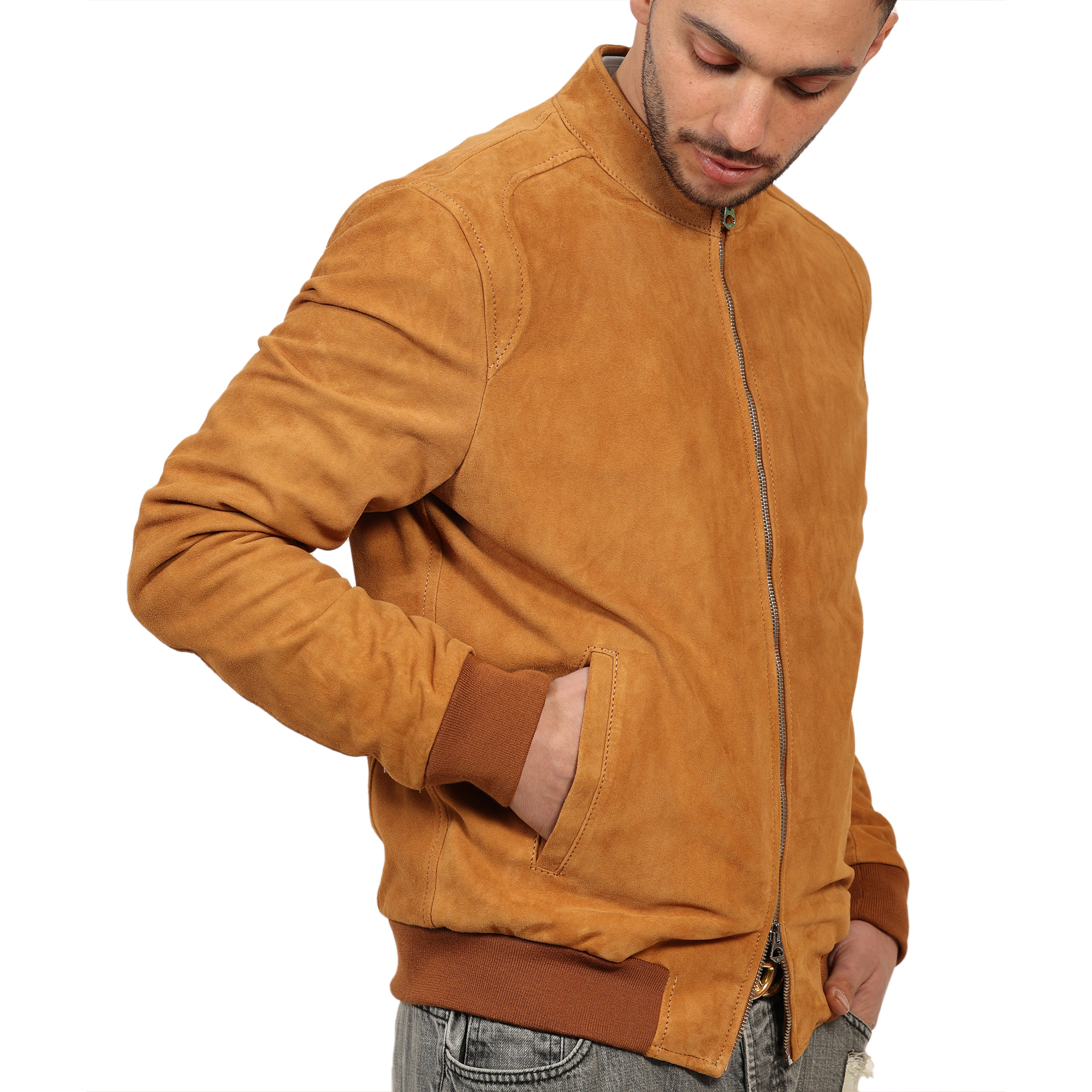 Giubbino in vera pelle di vitello scamosciata Cognac-Slim Fit