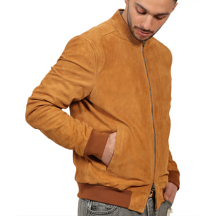 Giubbino in vera pelle di vitello scamosciata Cognac-Slim Fit