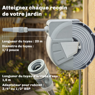 Dévidoir mural enrouleur automatique pivotant 180° tuyau 20 + 1,6 m avec lance arrosage 2 modes support mural intégré gris clair