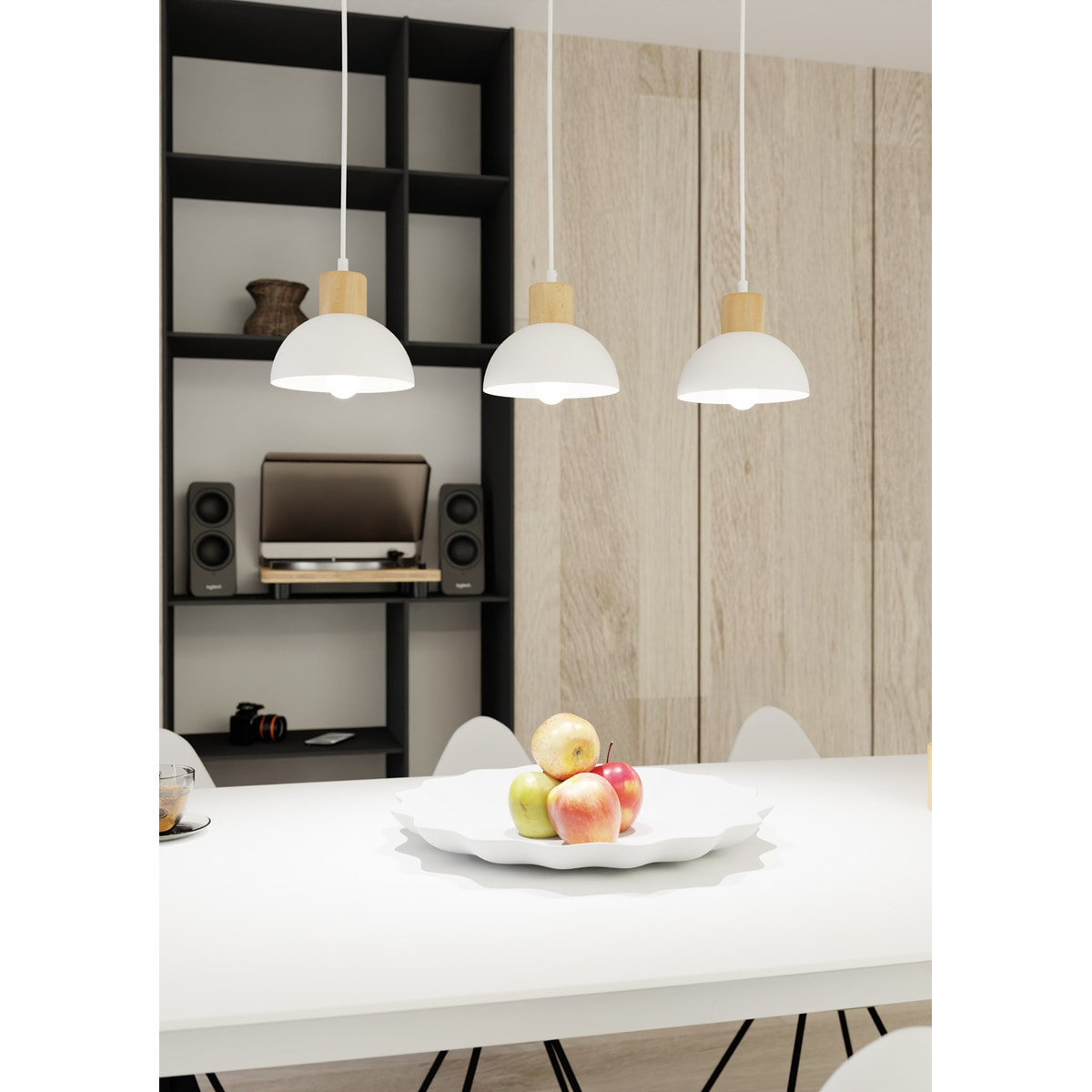 Lampada a sospensione Seco in acciaio bianco opaco e legno