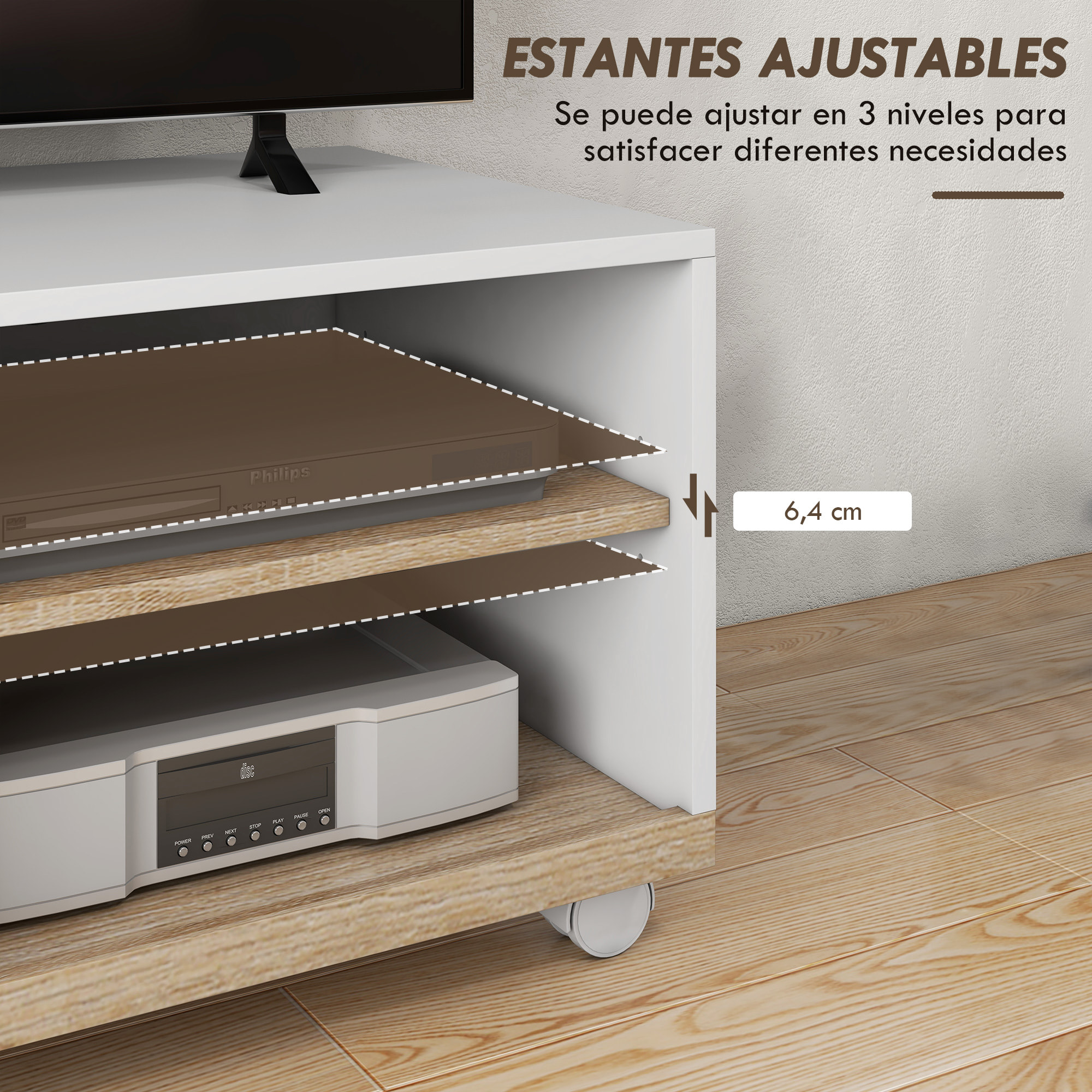 Mueble TV de Salón Moderno con Ruedas Mesa para Televisores de 42 Pulgadas Módulo TV con 1 Puerta y 2 Estantes de Almacenamiento 80x45x39,5 cm Blanco