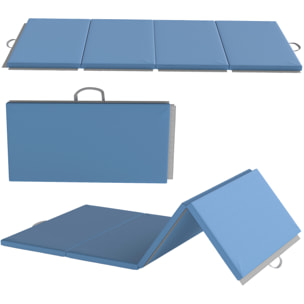 Tapis de gym yoga fitness pliable - poignée - revêtement synthétique - bleu