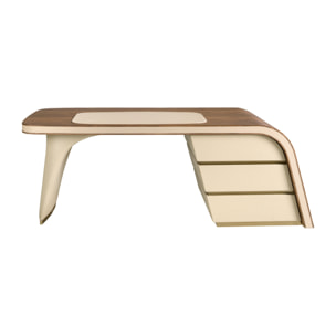 Escritorio de madera chapada en nogal natural con un tapizado en polipiel en crema 215x80x75cm