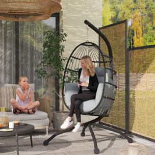Silla Colgante Huevo con Soporte Columpio Jardín Exterior con Cesta Plegable Cojín y Reposacabezas Portavaso Columpio Colgante para Interior y Exterior Carga 120 kg Gris