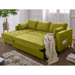 Anna - canapé d'angle gauche - 4 places - convertible avec coffre - en velours - Vert Olive
