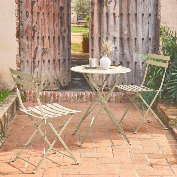 Table de jardin bistrot pliante métal + 2 assises beige Ø60 x 70cm. acier thermolaqué