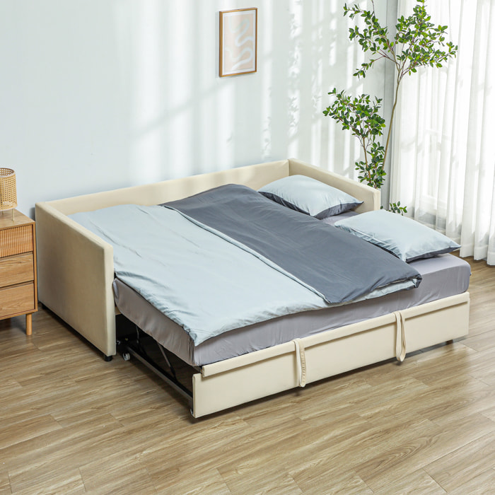 Cadre de lit deux-en-un - tête de lit, sommier inclus - dim. 203l x 190,5P x 75H cm - compatible matelas 190L x 90l cm - blanc crème