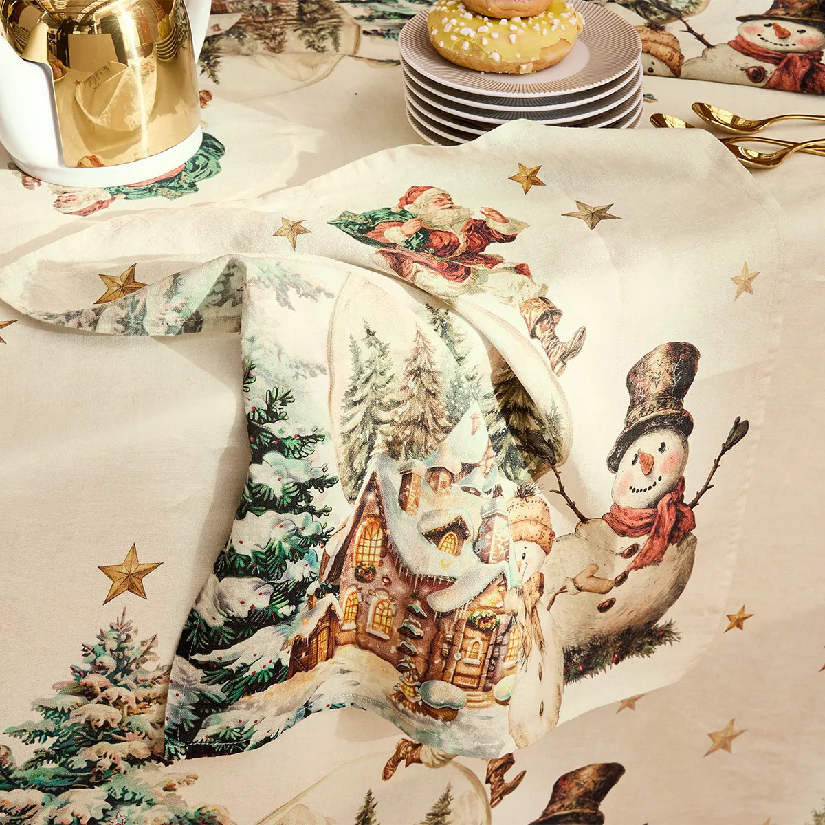 Serviette lin & coton lavé 150 g/m² imprimé vert rouge Bonhommes de neige vintage