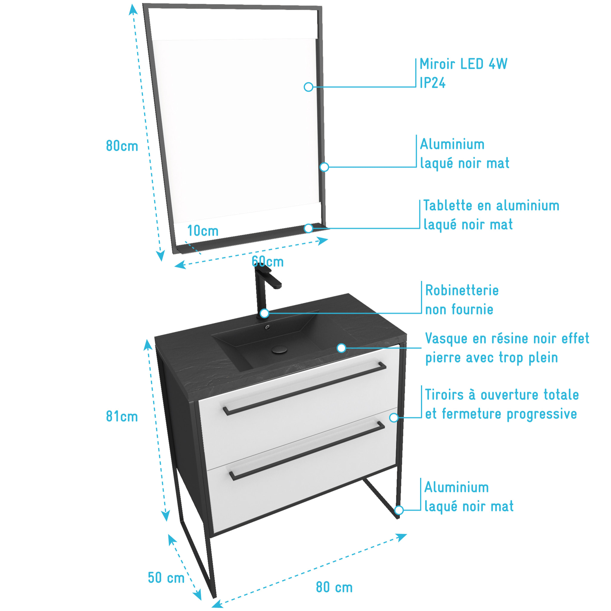 Pack Meuble de salle de bain 80x50 cm - 2 tiroirs - vasque résine noire effet pierre + miroir LED