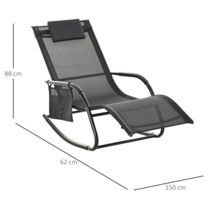 Chaise longue à bascule - rocking chair ergonomique - tétière amovible, accoudoirs, pochette rangement - métal époxy textilène noir