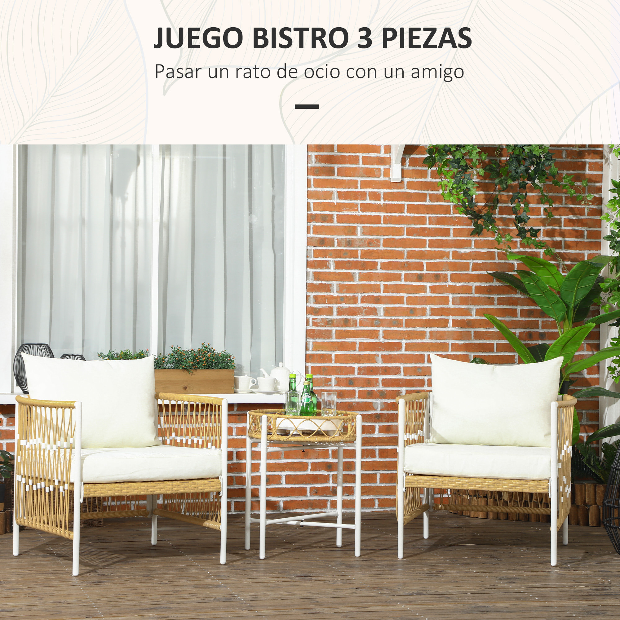 Conjunto Jardín Exterior de 3 Piezas, Muebles de Jardín con 2 Sillas, Mesa de Ratán, Cojines Acolchados, Fundas Extraíbles y Marco de Acero, Resistente a la Intemperie, para Balcón, Crema