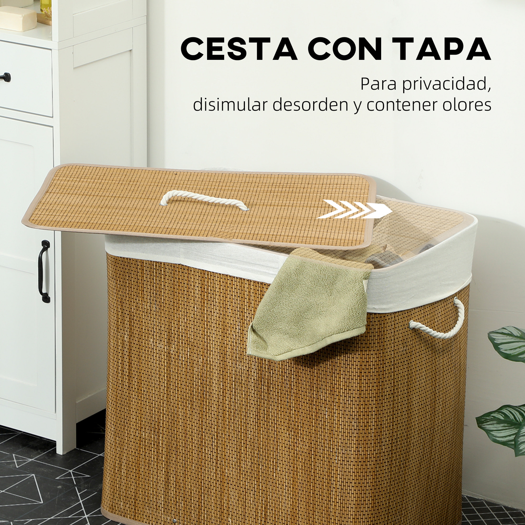Cesto de Ropa Sucia con Tapa, 144L, Cesta Ropa Sucia de Bambú con 3 Compartimentos, Bolsa Interior Extraíble y Lavable, Asas, para Lavandería, Dormitorio, 60x40x60 cm, Marrón