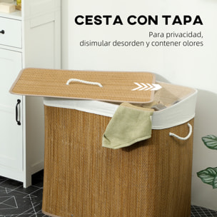 Cesto de Ropa Sucia con Tapa, 144L, Cesta Ropa Sucia de Bambú con 3 Compartimentos, Bolsa Interior Extraíble y Lavable, Asas, para Lavandería, Dormitorio, 60x40x60 cm, Marrón