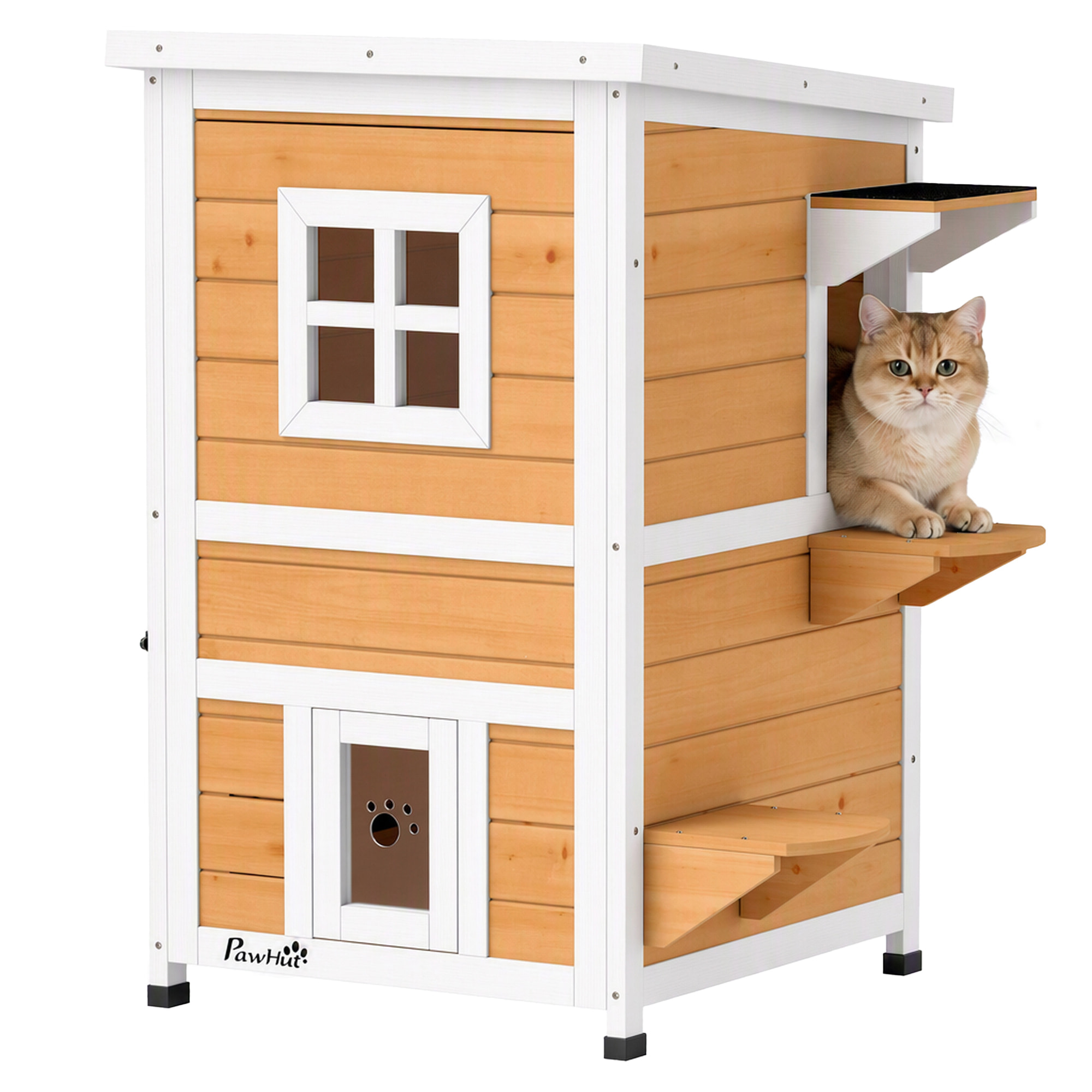 PawHut Caseta para Gatos de Madera Exterior, Casa para Gatos de 2 Niveles con Techo Abatible, Panel Central Extraíble, Ventanas, Puertas, para Terraza, Balcón, Jardín, 51x51x81,3 cm, Natural