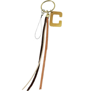 Llavero cuelga movil J en dorado y flecos piel marrón