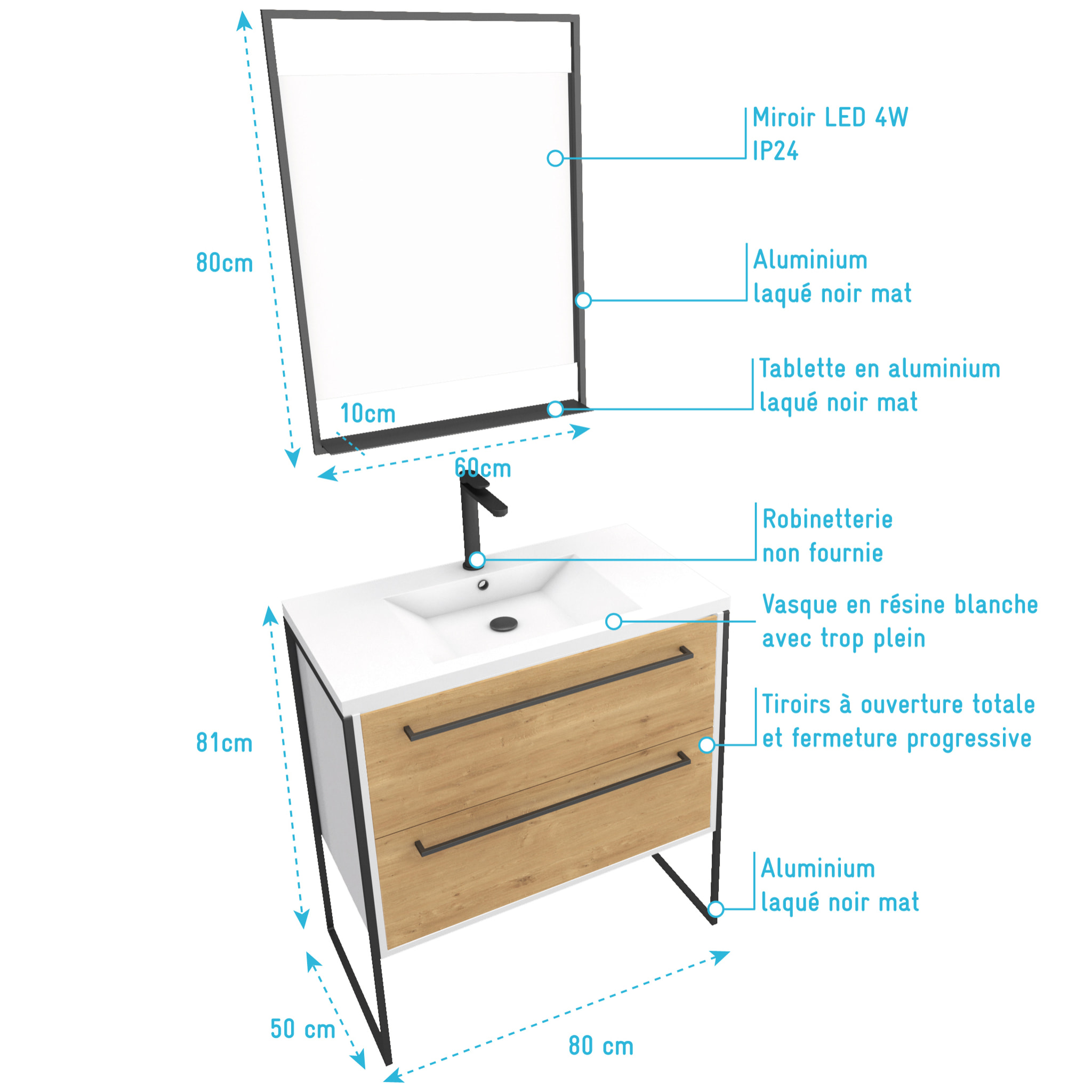 Pack meuble de salle de bain 80x50 cm Blanc - 2 tiroirs blanc - vasque blanche - miroir à led