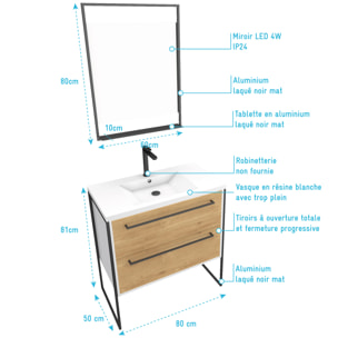 Pack meuble de salle de bain 80x50 cm Blanc - 2 tiroirs blanc - vasque blanche - miroir à led