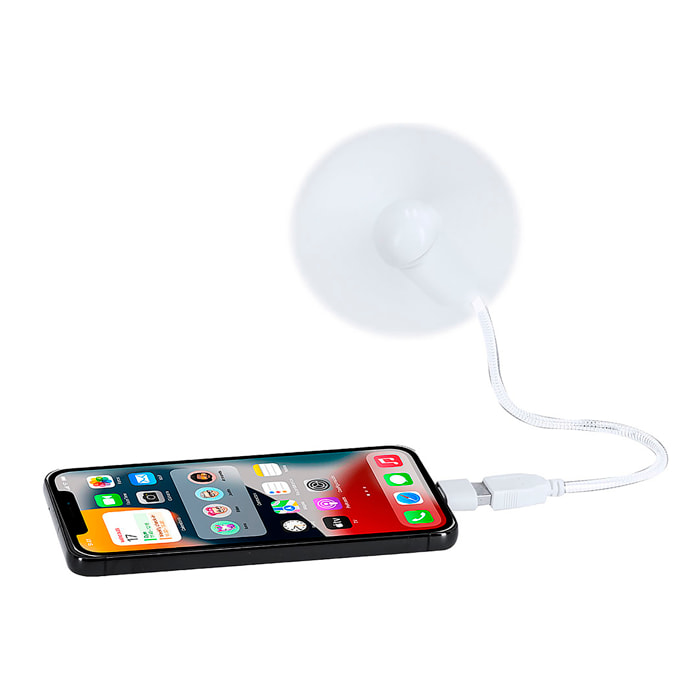 Ventilador flexible compatible con USB y USB-C, con cuello orientable para dirigir el flujo de aire. Compacto, ligero y sin necesidad de baterías, ideal para smartphones, portátiles y baterías externa
