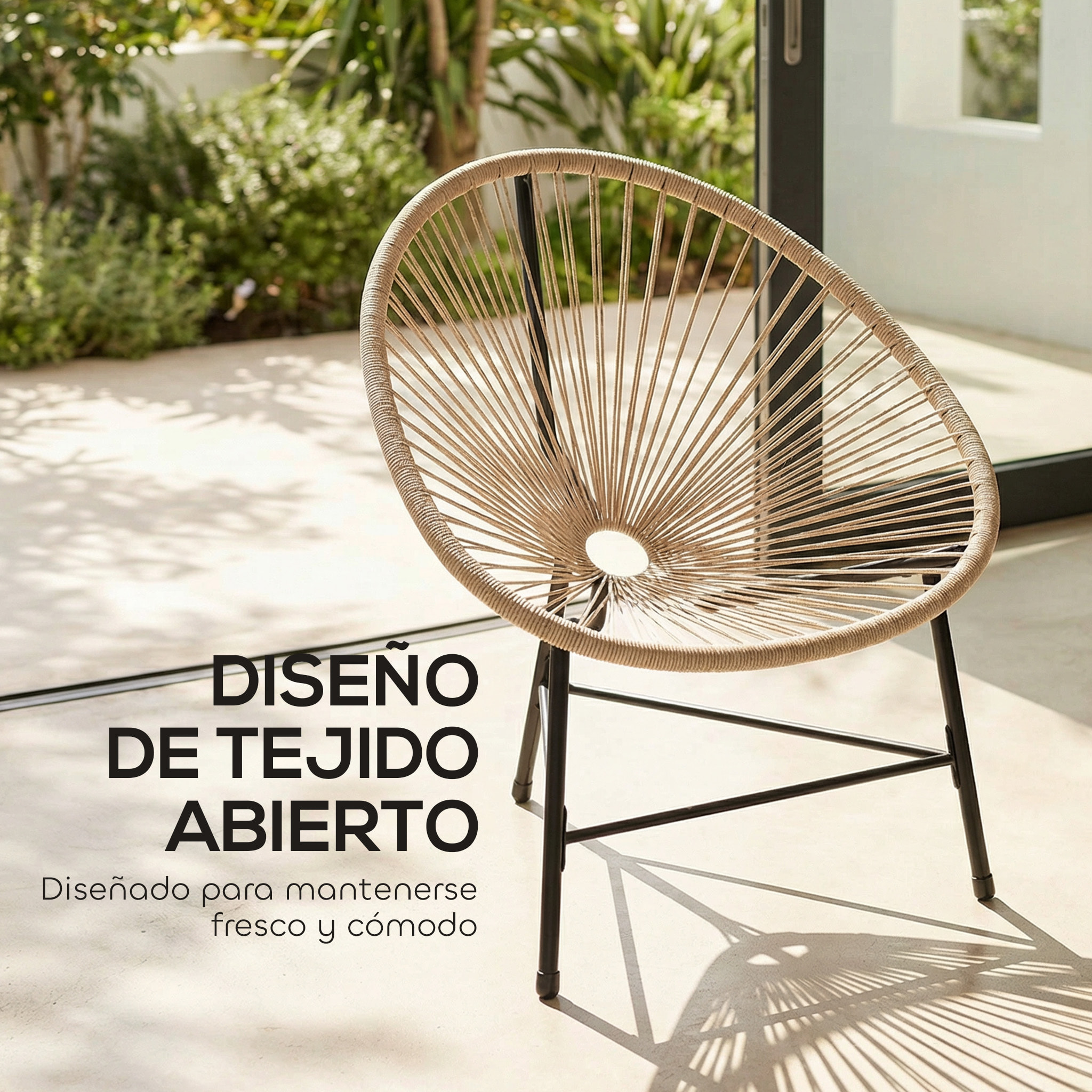 Conjunto de 2 Sillas Acapulco de Jardín de Ratán Sintético, Sillas de Jardín Exterior con Estructura de Acero Triangular, para Balcón, Terraza, Carga 120 kg, Natural