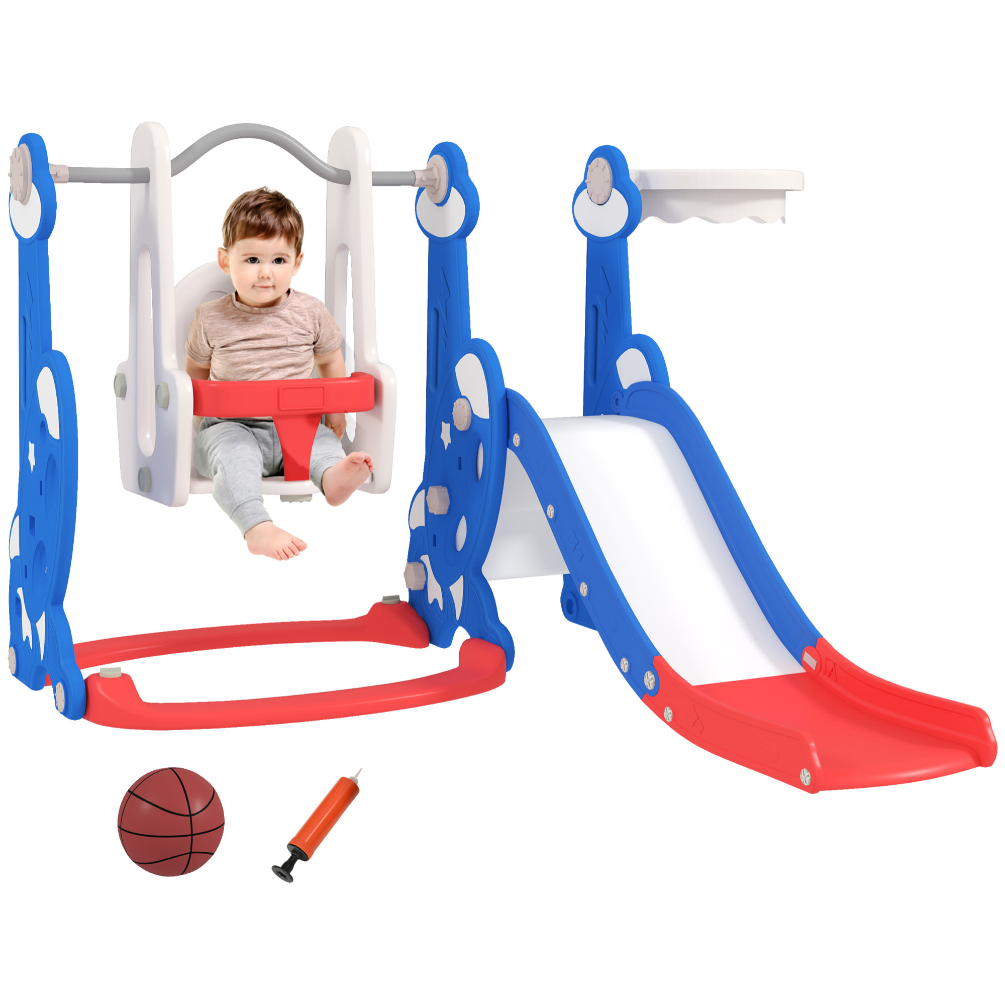 Tobogán Infantil 4 en 1 Parque Infantil con Columpio y Tobogán Escalador Aro de Baloncesto Temática de Cohete para Interior Multicolor